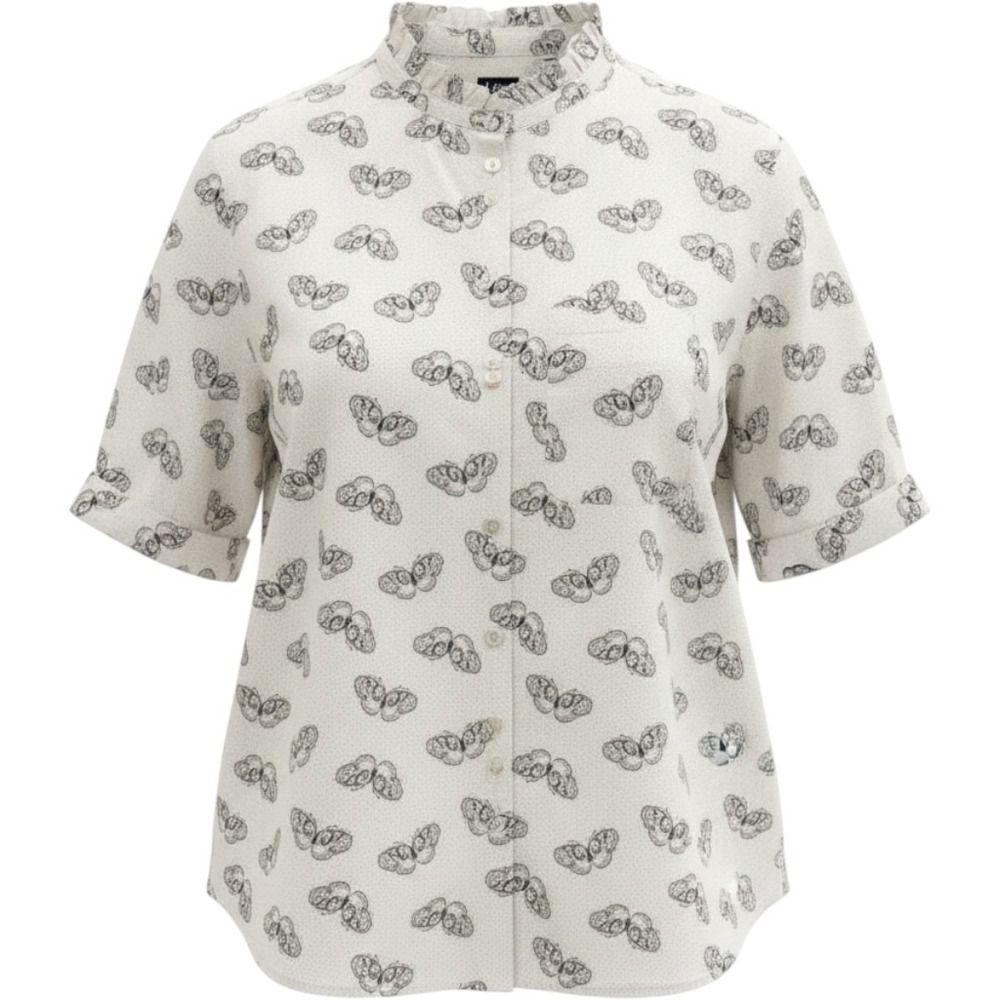 Lee Womens XL White Butterfly Print Ruffle Collar Short Sleeve Button Up Blouse